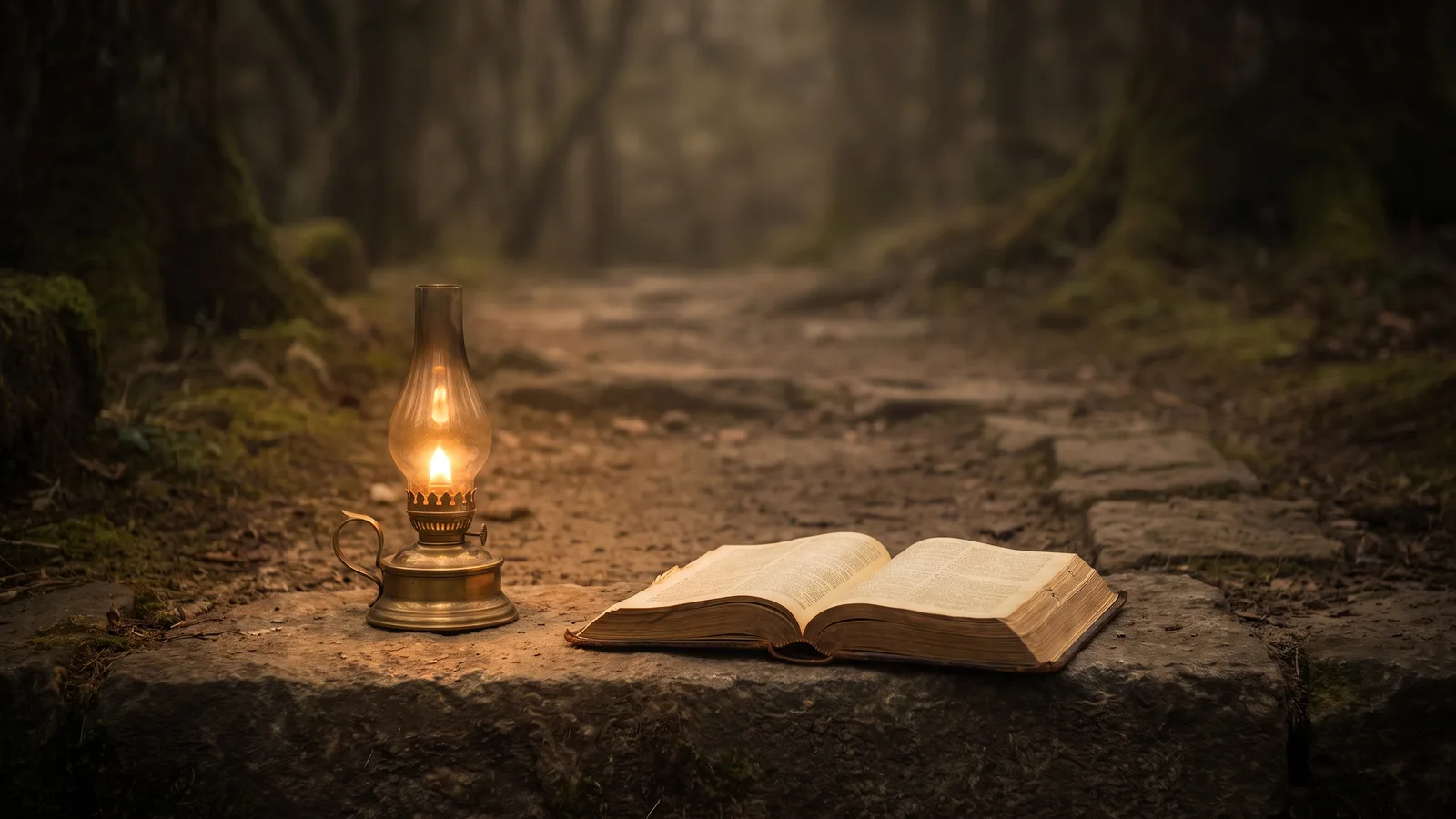 A small brass oil lamp lighting an open Bible page on a stone step with a path fading into the distance