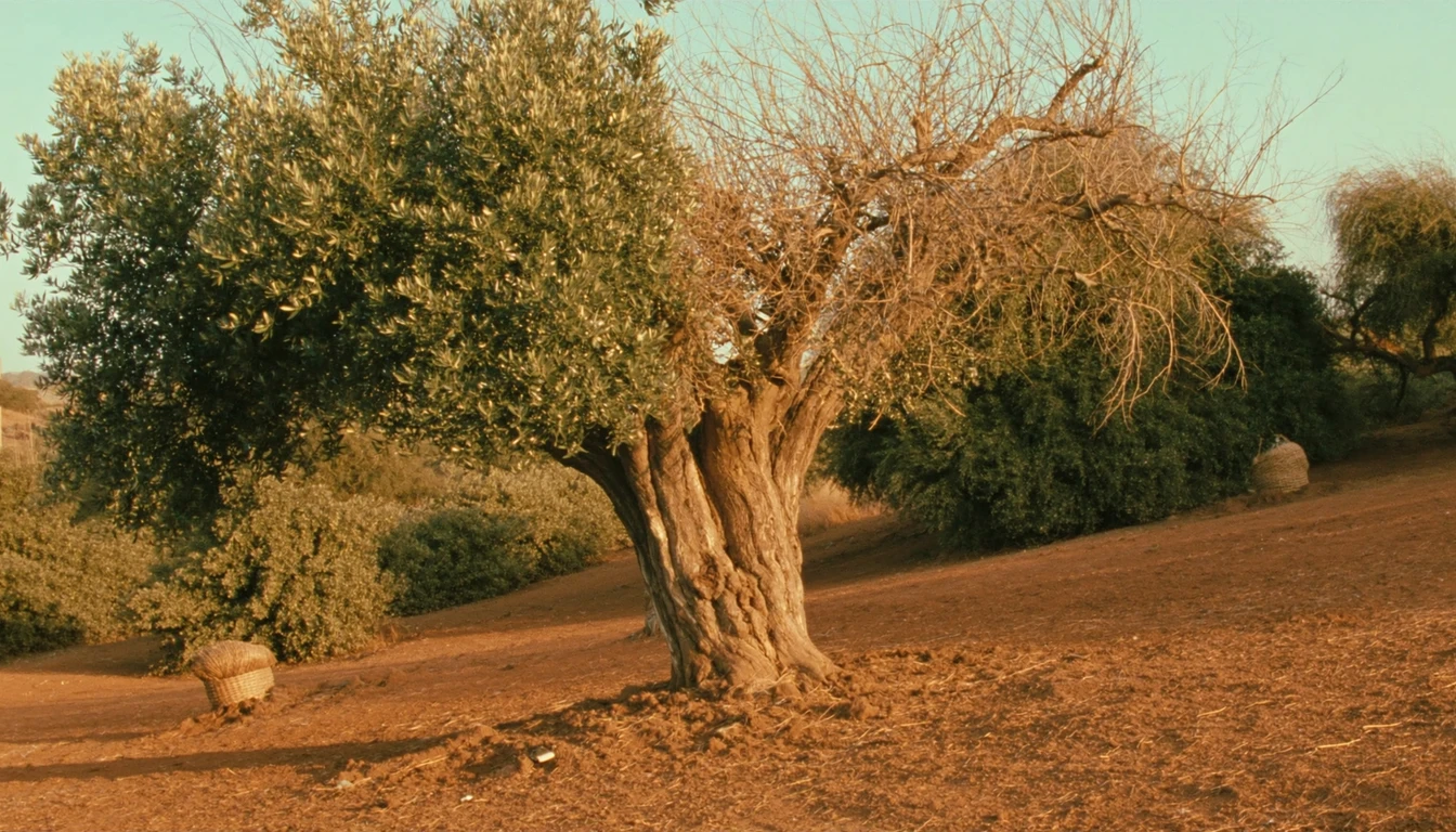 An old olive tree carrying full green leaf on one side and bare branches on the other