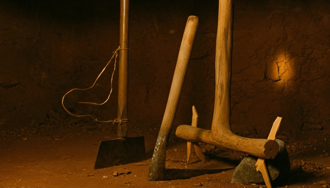 Well-used hand tools standing ready against an earth wall, their handles worn smooth