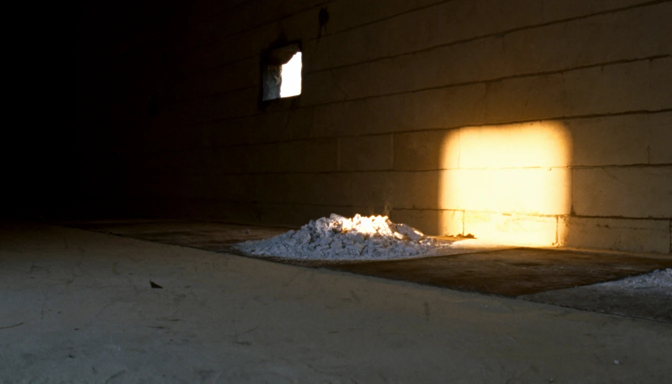 A bed of cold grey ash on a hearth floor, the last of the evening sun falling through a small window