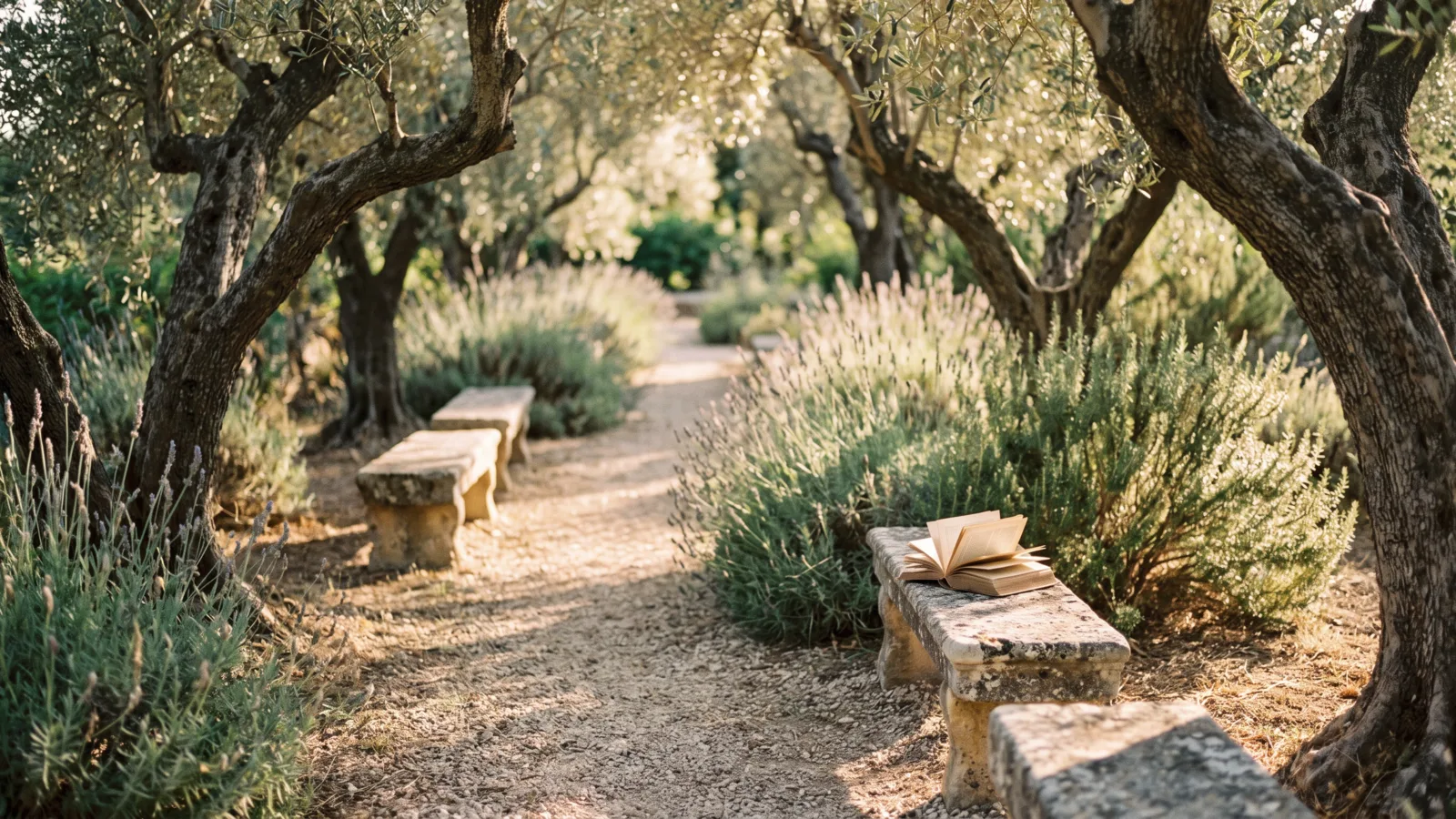 A gravel path winding between old olive trees and lavender with stone benches along it