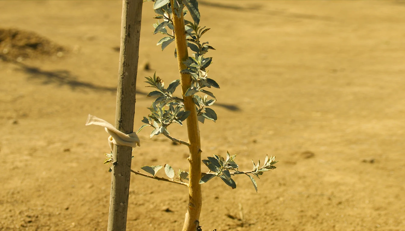 A young sapling tied with a cloth strip to a wooden stake in dry ground