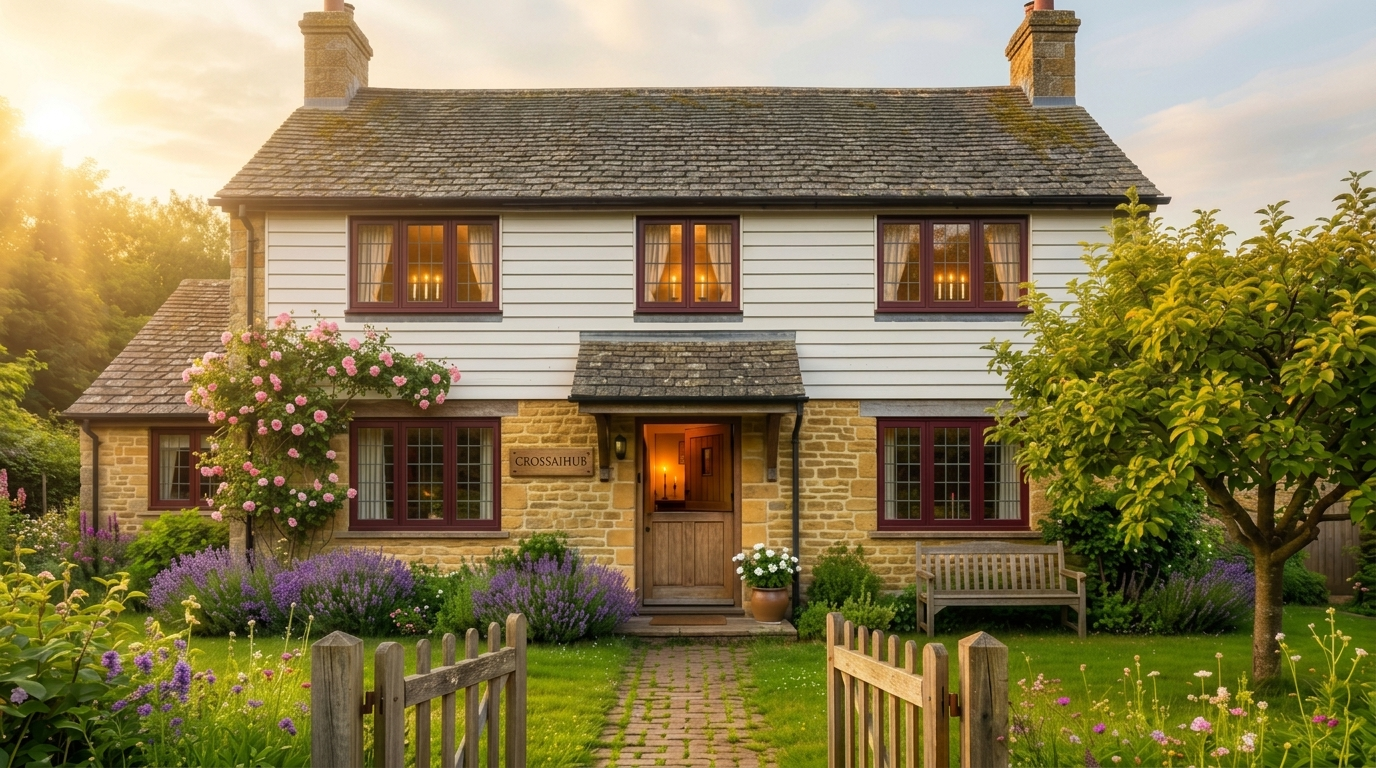 A honey-stone Christian family home in warm golden morning light. A small hand-carved oak plaque reading CROSSAIHUB is mounted on the fieldstone wall to the left of the wooden front door. Candlelight glows in the windows. A living garden of lavender, climbing roses and an old apple tree surrounds a moss-jointed brick path.