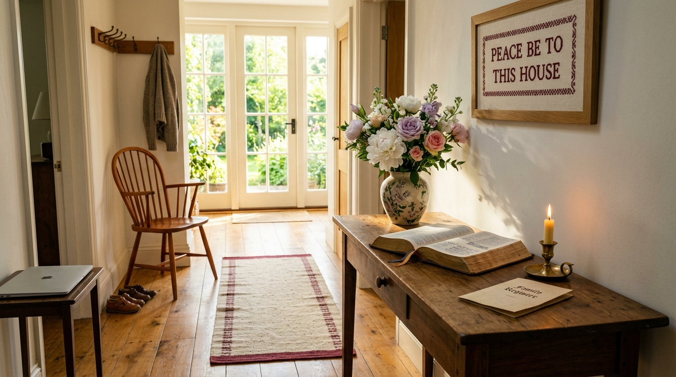 The entrance hall of the CrossAIHub Christian family home. Honey-oak plank floors, a walnut console with an open King James Bible, a lit beeswax candle, fresh cut flowers, and a folded parchment Family Register. An embroidered PEACE BE TO THIS HOUSE sampler hangs on the wall. A cherry-wood Windsor chair, a coat rack with a wool cardigan, children's shoes by the door, and a closed laptop as a quiet servant. Warm morning sunlight streams through French windows onto a woven wool runner.