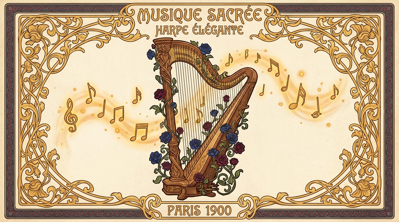 An Art Nouveau painting of a harp among stylised flowering branches.