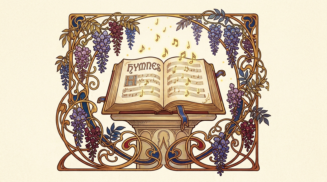 An Art Nouveau hymnal cover with gold-leaf border and stylised vine motifs.