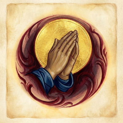 Illuminated praying hands