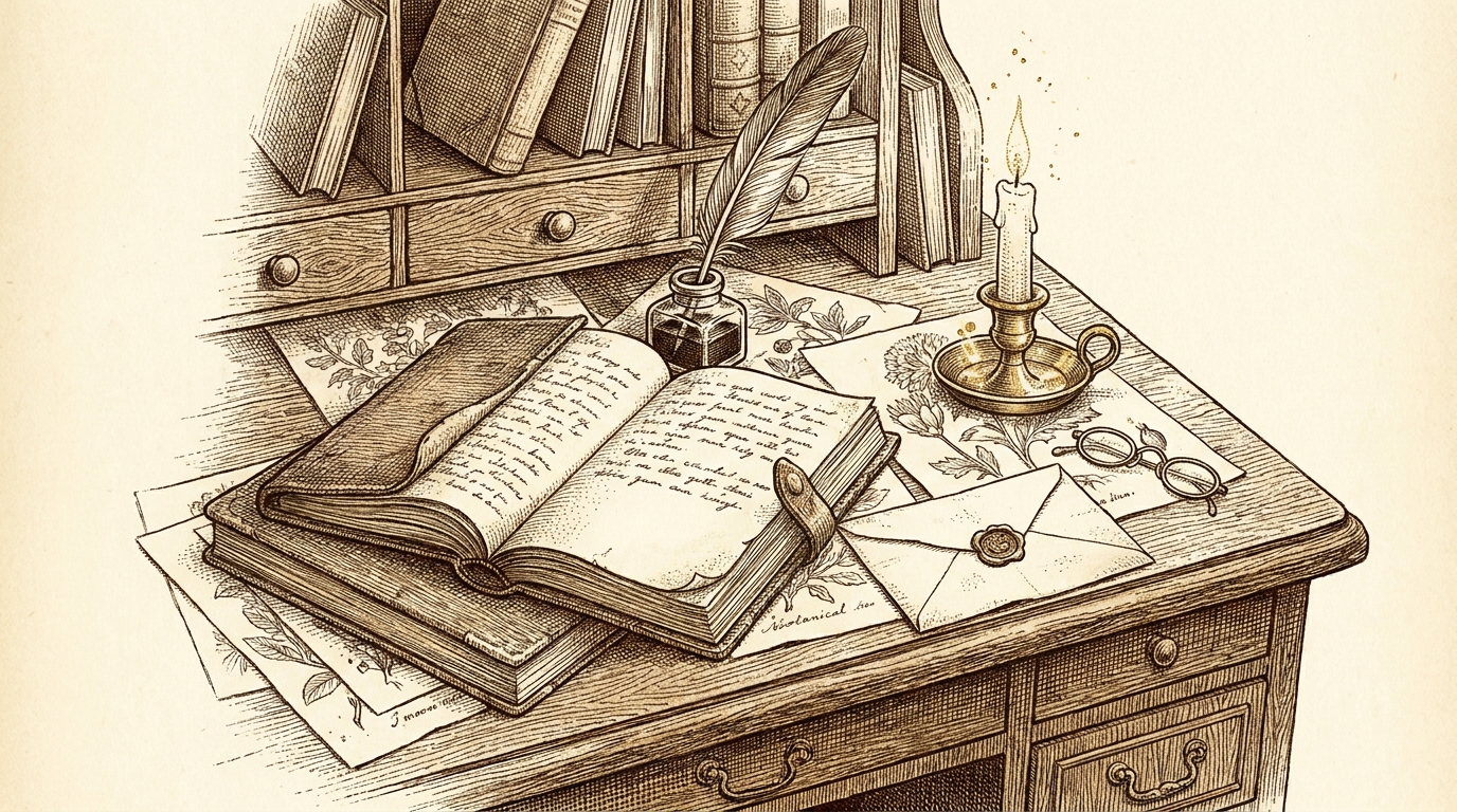 A pen-and-ink drawing of a wooden writing desk with an open ledger, ink well, and morning light.
