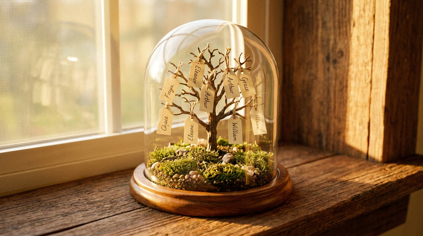 A terrarium containing a small family tree, painted in warm morning light.