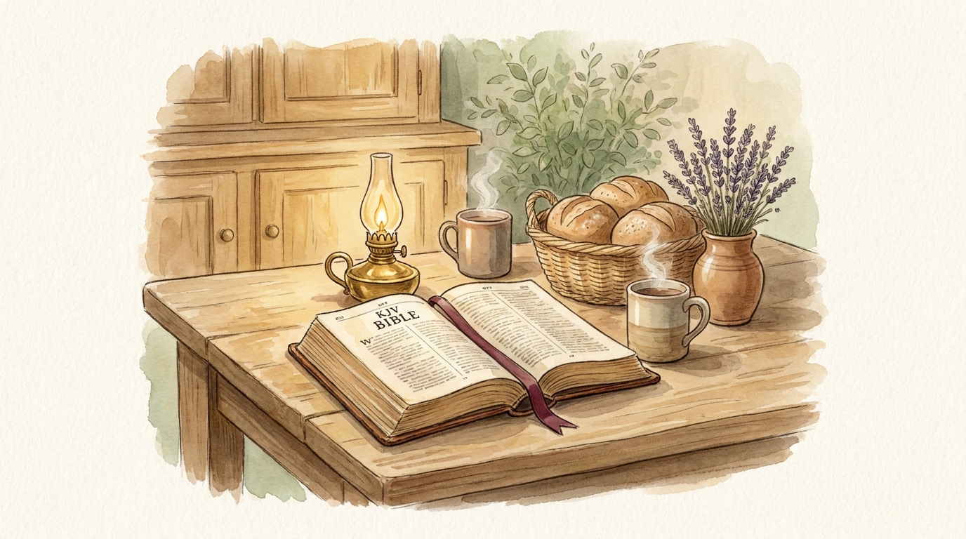 A watercolor of a warm household kitchen with a cherry-wood table and morning window light.