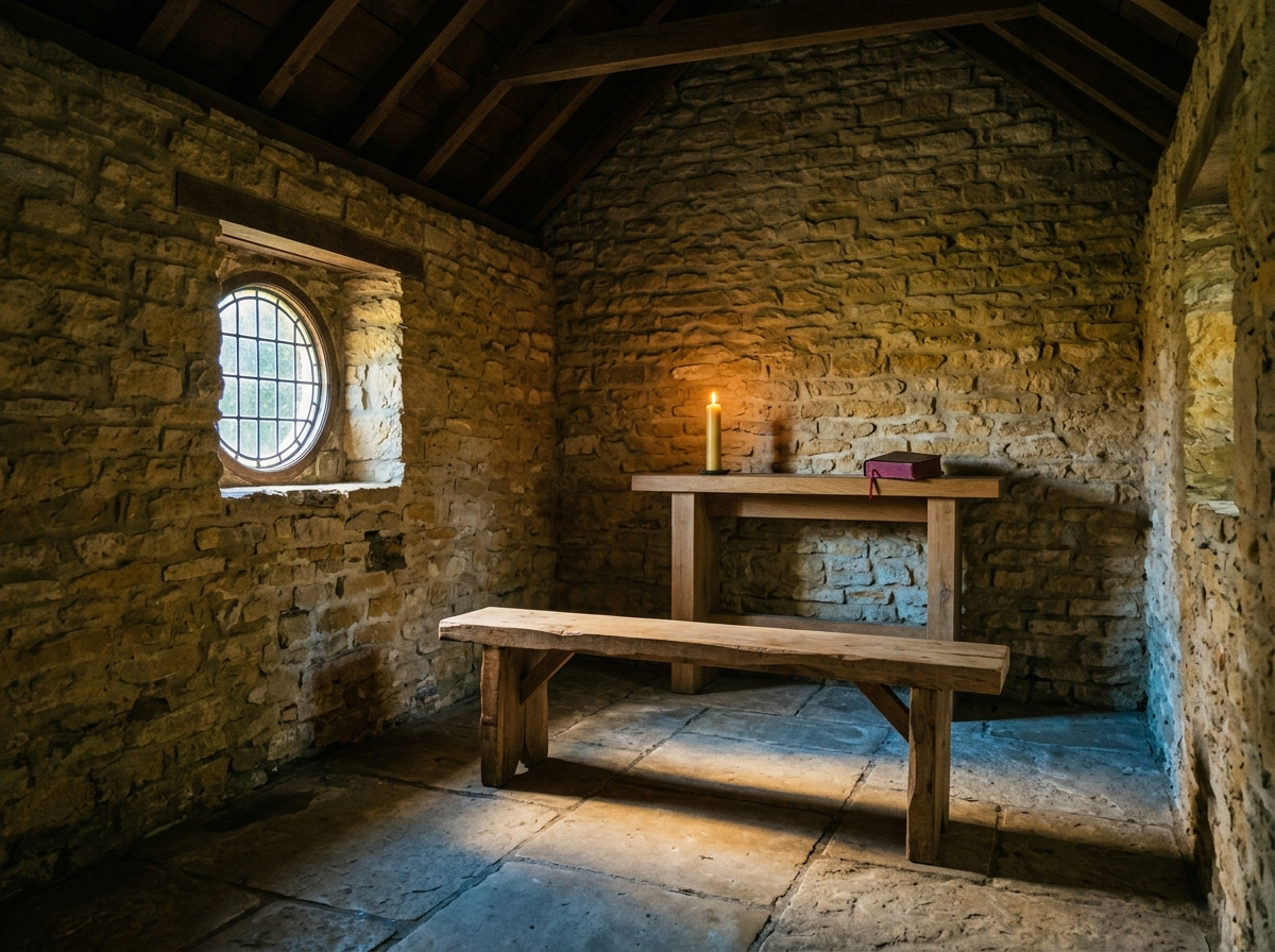A small stone chapel with a single oak bench, an unfinished oak altar-shelf, one lit beeswax candle, and warm gold and blue beams from a small leaded-glass window across the flagstone floor.