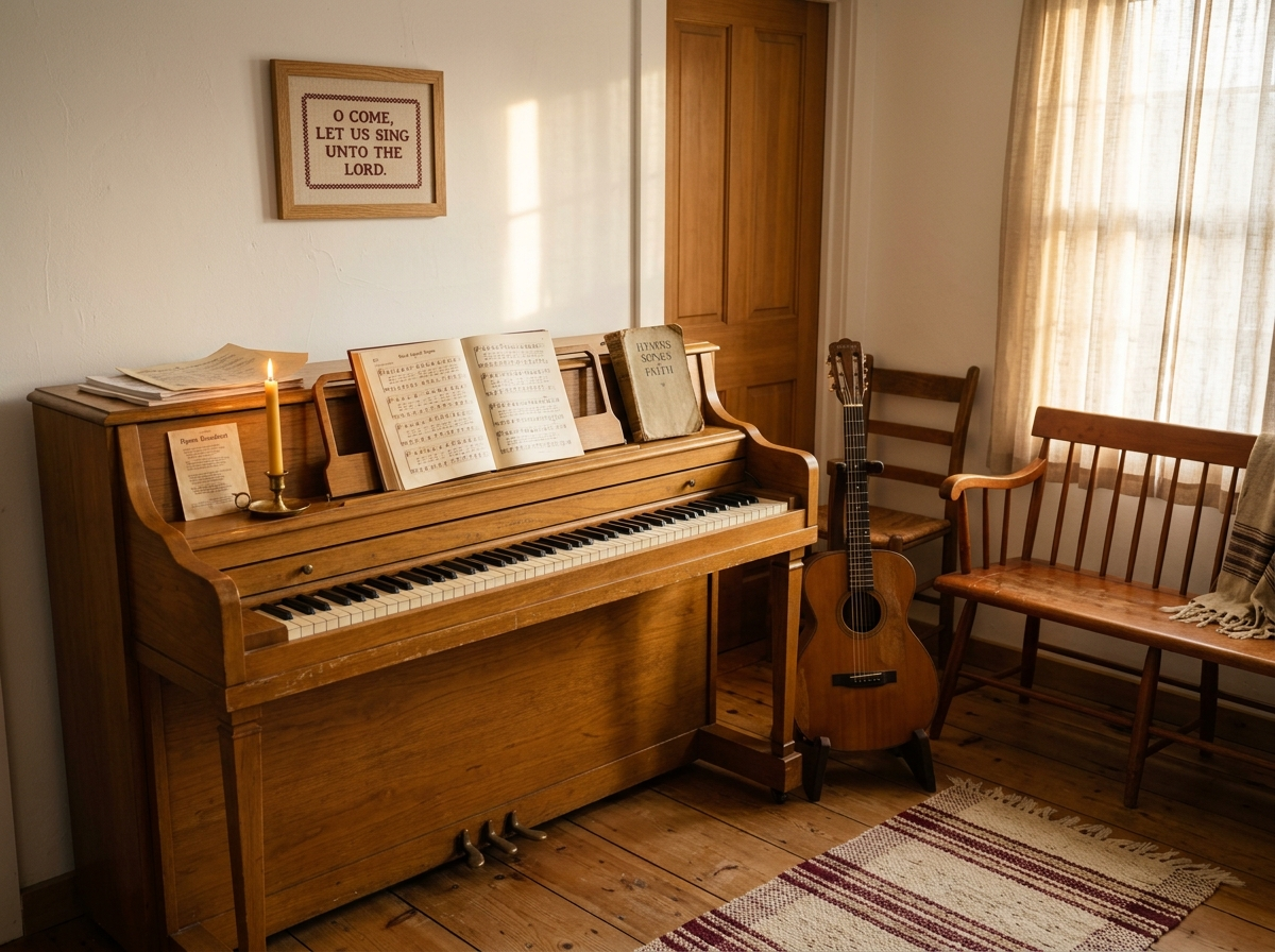 A warm music room with an upright honey-oak piano, a hand-copied hymn opened on the music rest, an acoustic guitar in a wooden stand, and a Windsor bench.