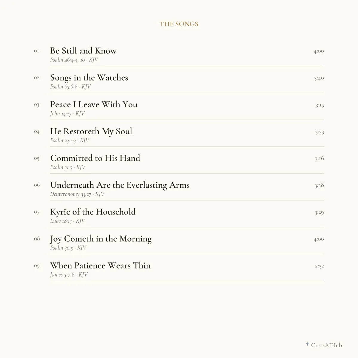 Every song, with its length — Songs for the Quiet Hours