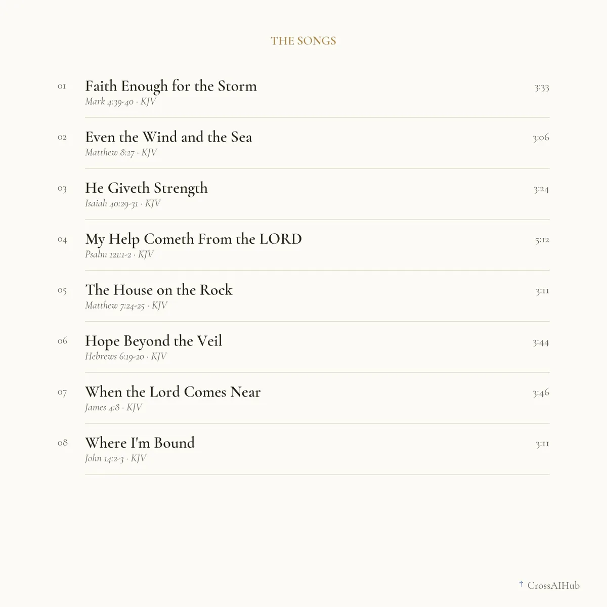 Every song, with its length — Songs for the Storm