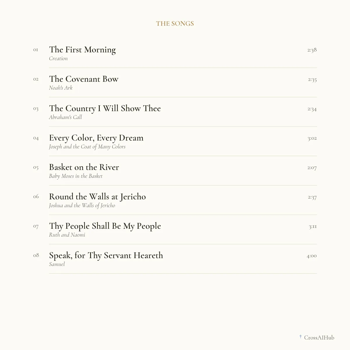 Every song, with its length — Bible Songs for Bedtime — Beginnings and Promises