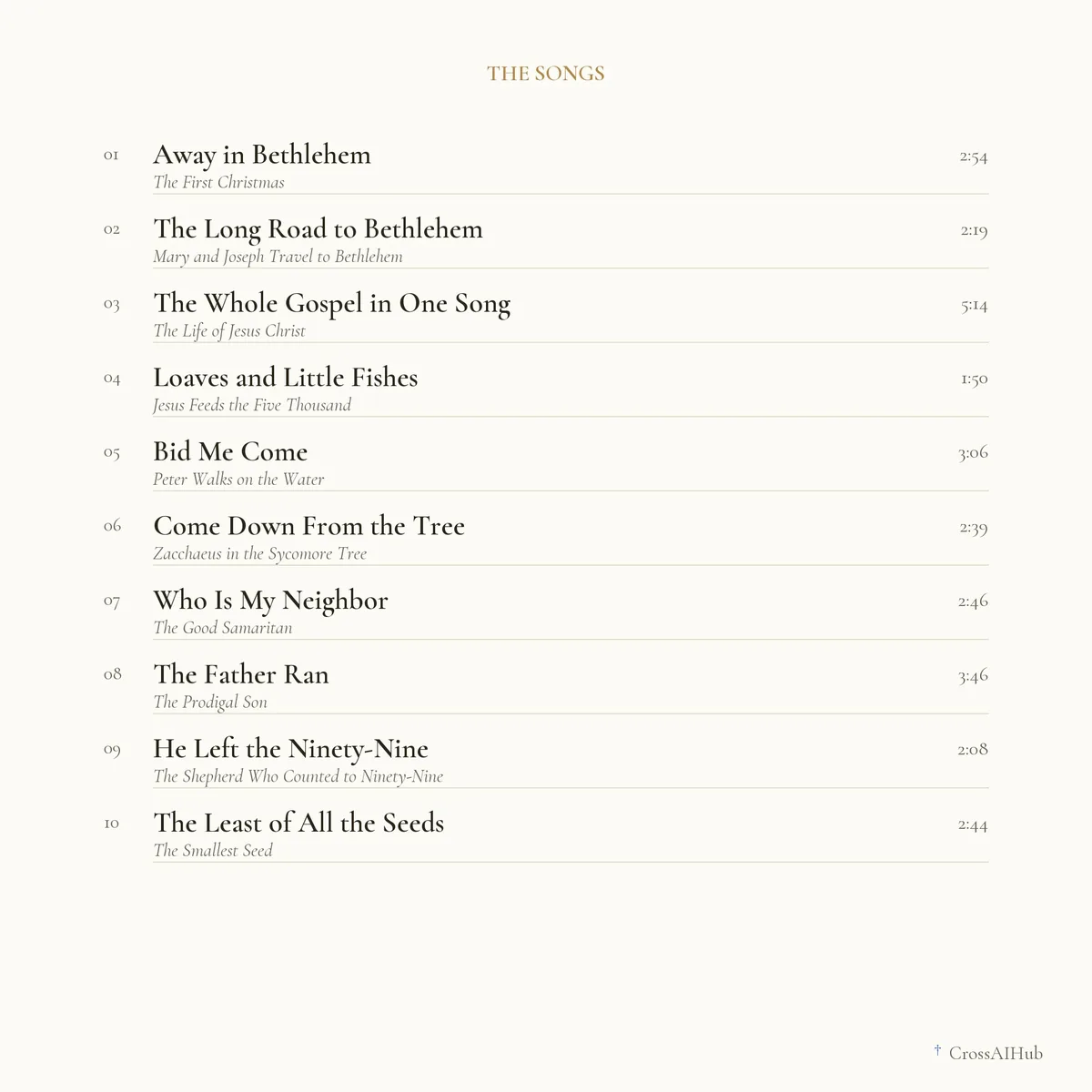 Every song, with its length — Bible Songs for Bedtime — From the Gospels