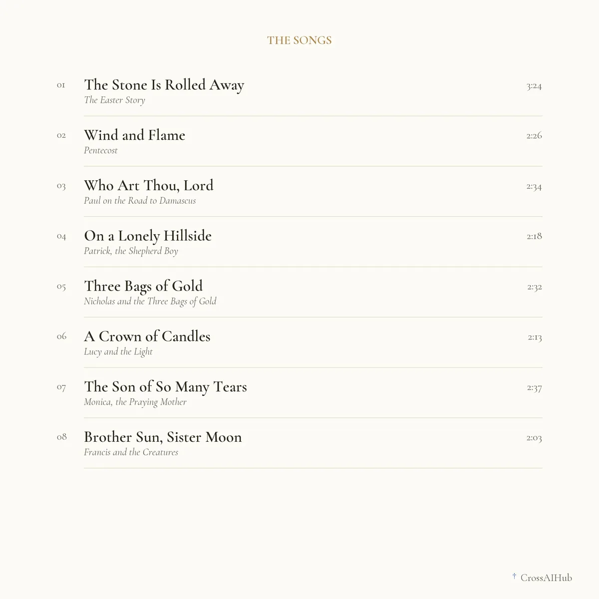 Every song, with its length — Bible Songs for Bedtime — Easter, Pentecost and the Saints